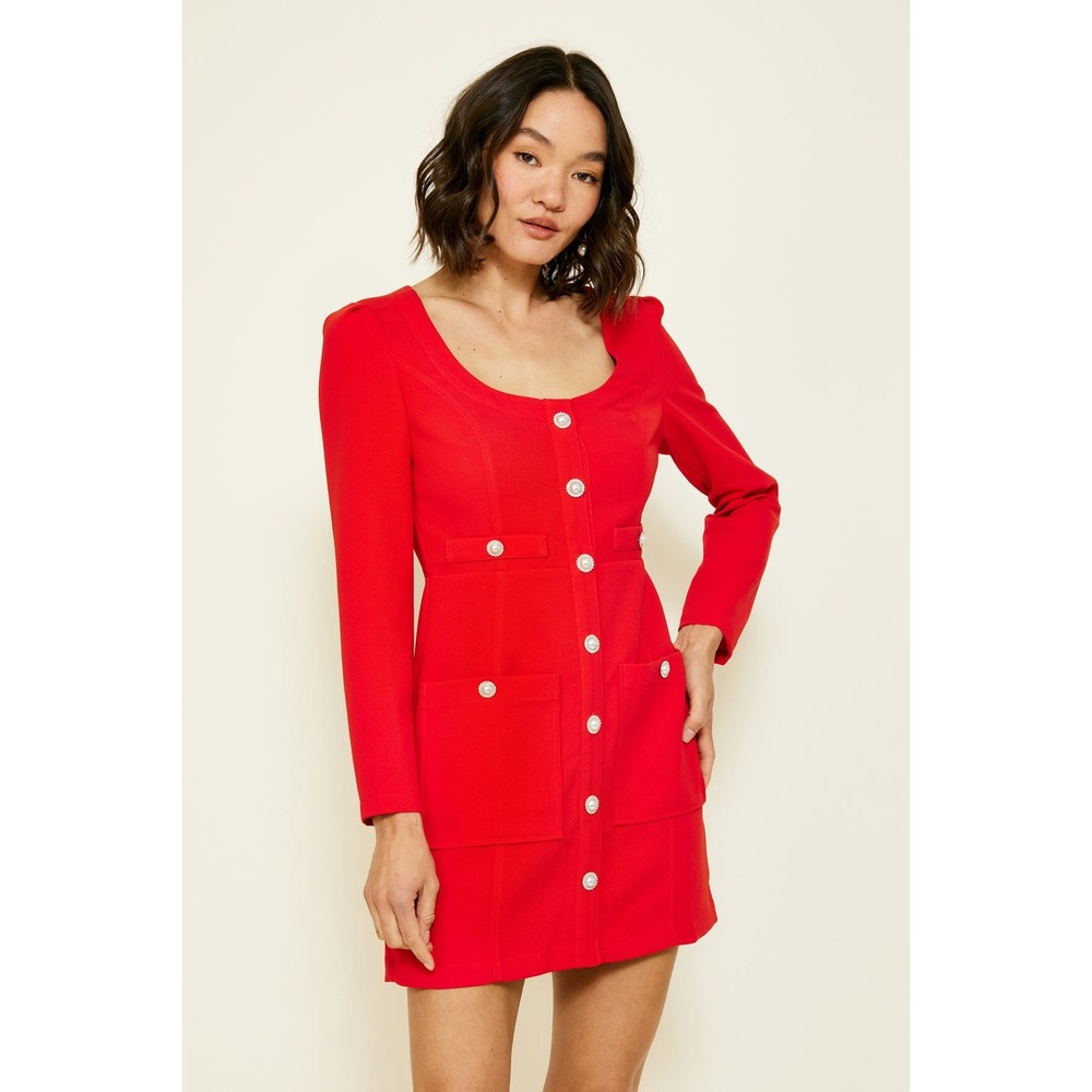 Line and Dot Phillipa Red Long Sleeve Mini Dress Pearl Button Sweetheart‎ Neck M